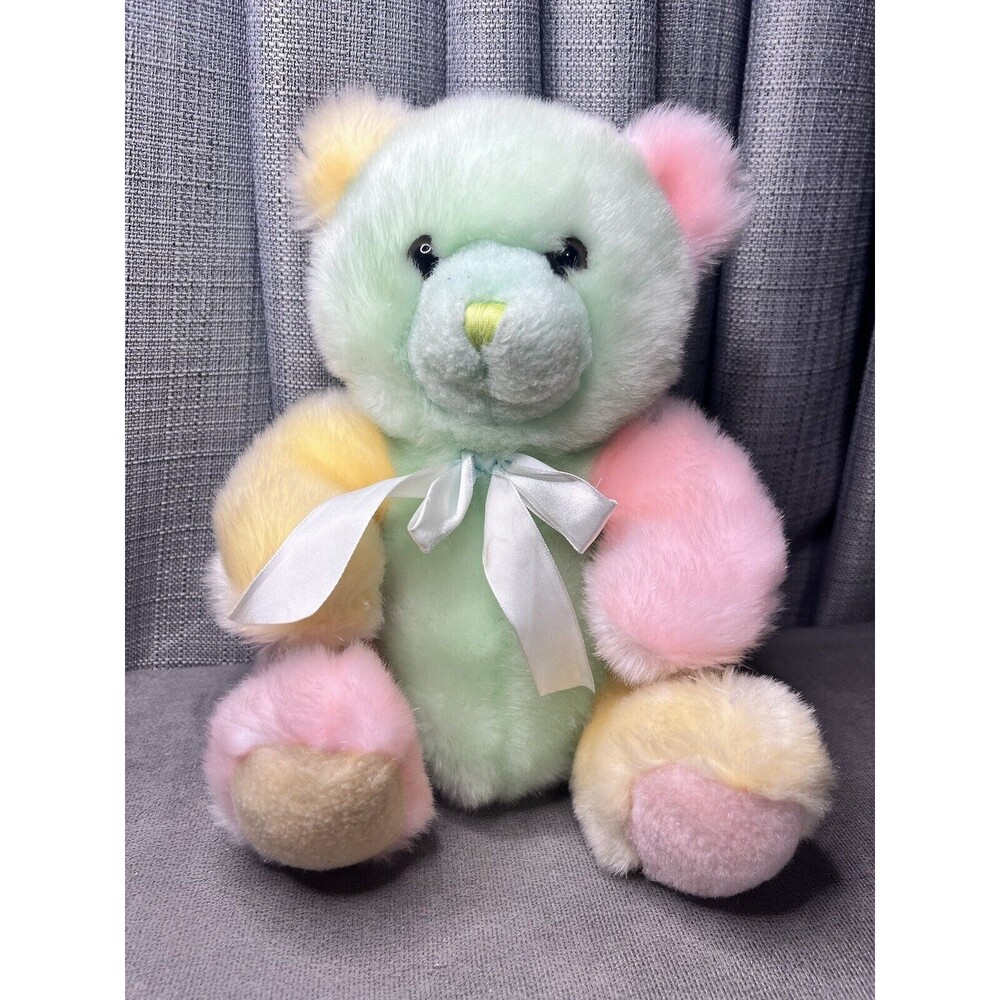 VTG Tony Toy Mint Green Pink Yellow Teddy Bear Plush Stuffed Animal Ribbon
